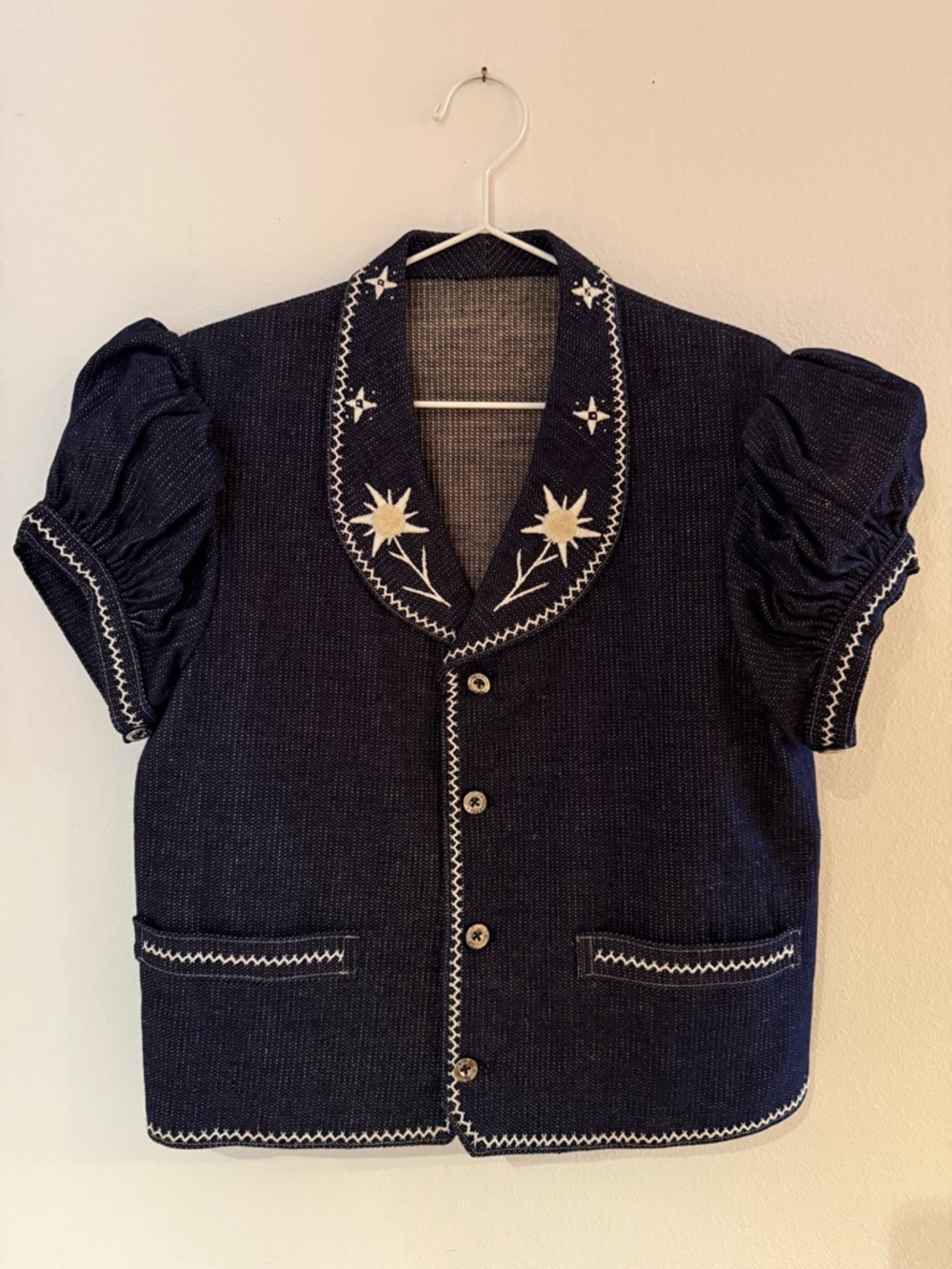 Vintage Solide Elegante Embroidered Puff Sleeve Jacket Blazer Navy Size M 8-10